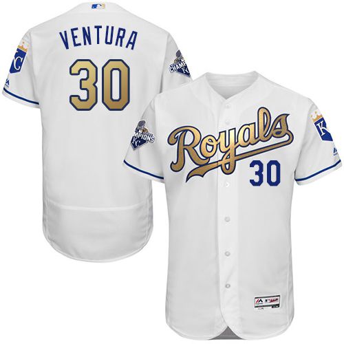 Royals #30 Yordano Ventura White 2015 World Series Champions Gold Program FlexBase Authentic Stitched MLB Jersey - Click Image to Close